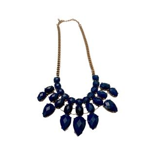 Women’s Gold & Cerulean 11 Inch Stoned Regal Statement Necklace With Claw Clasp.
